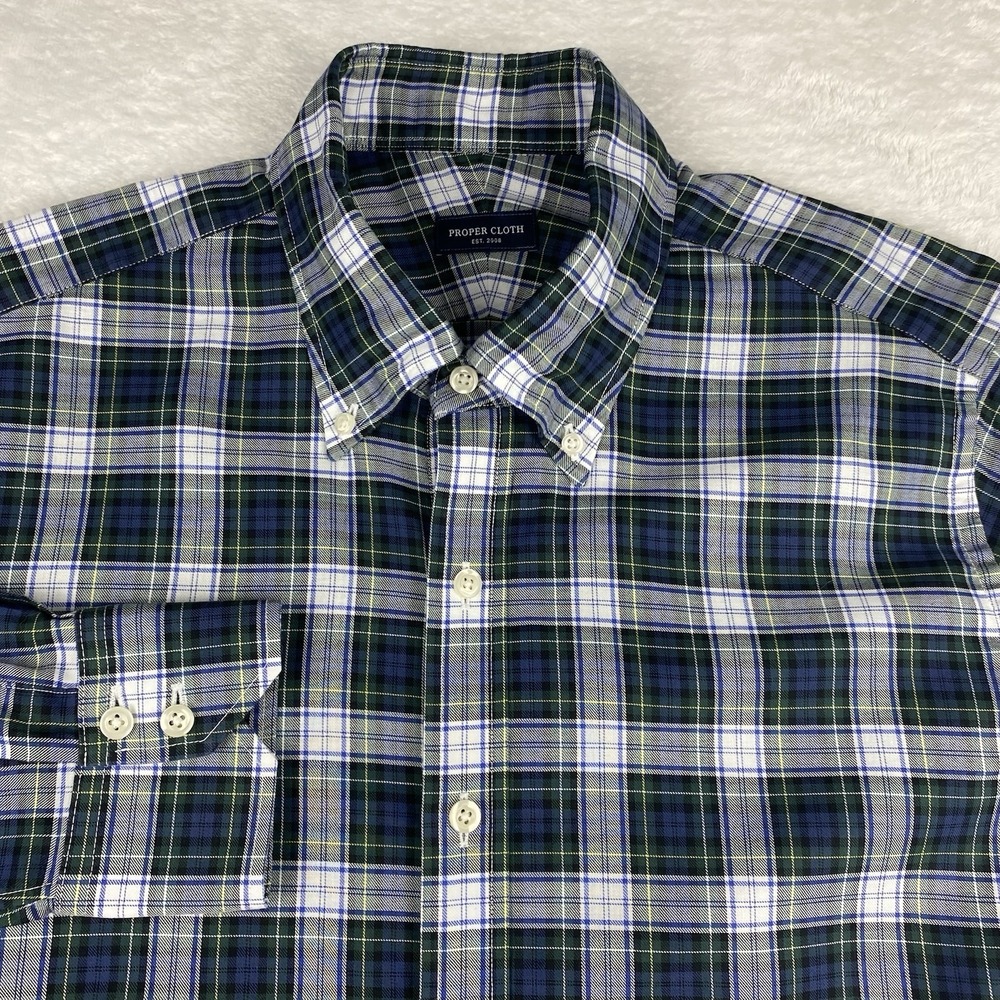 Proper Cloth Shirt Mens 17-35 Blue/Green Plaid Relaxed Fit 100% Cotton